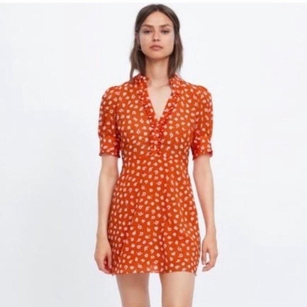Zara Orange-Red Mini Dress with Puff Sleeves and Rhinestone Buttons